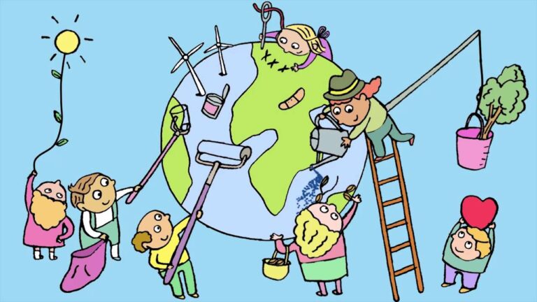 Cartoon of people working on the earth. They are painting it, watering flowers, standing on ladders, etc.